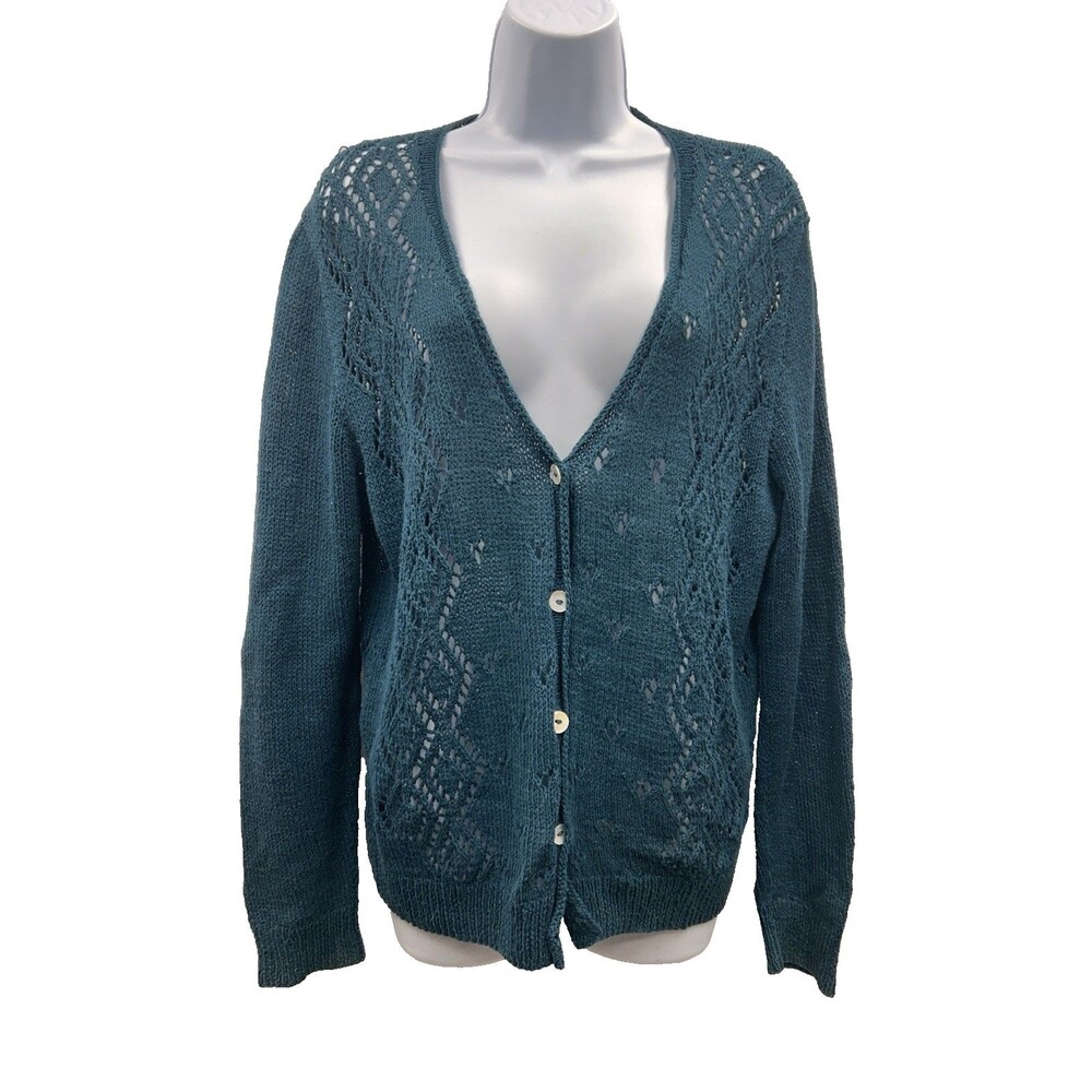 Teal Hand Open Knit Cardigan Geometric Sweater VTG Kumbeshwar Nepal Women's XL